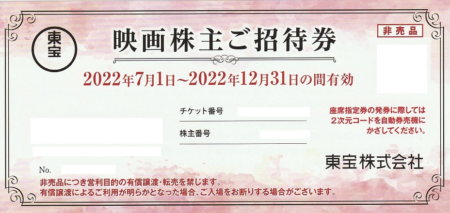 【2月優待】【8月優待】東宝株式会社から映画株主ご招待券が届きました