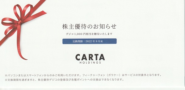 【6月優待】【12月優待】株式会社CARTA HOLDINGSからデジコ(ギフトコード)が届きました