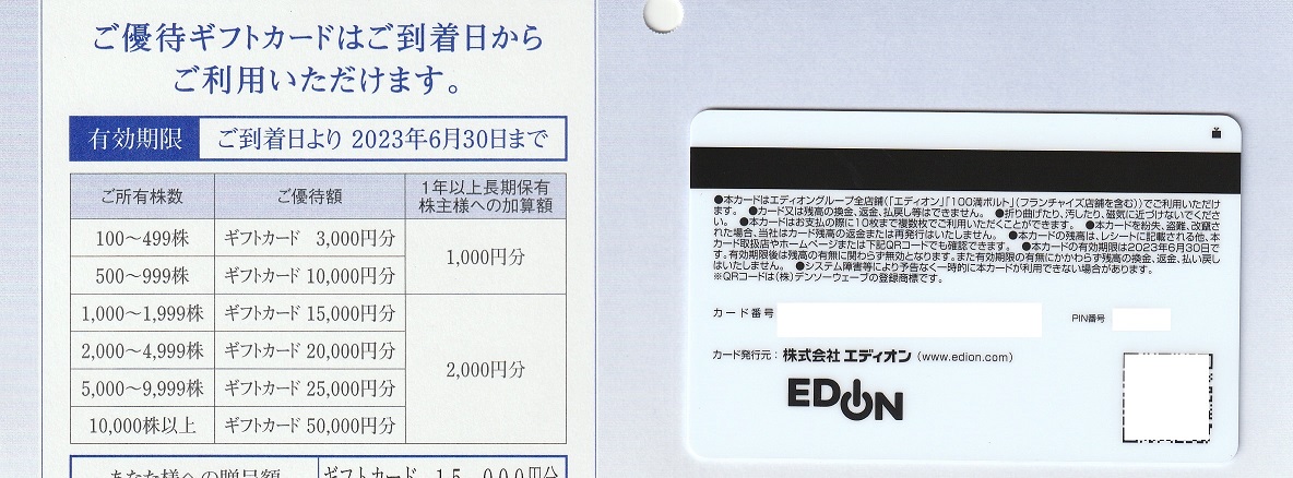 【3月優待】株式会社エディオンから優待ギフトカードが到着しました