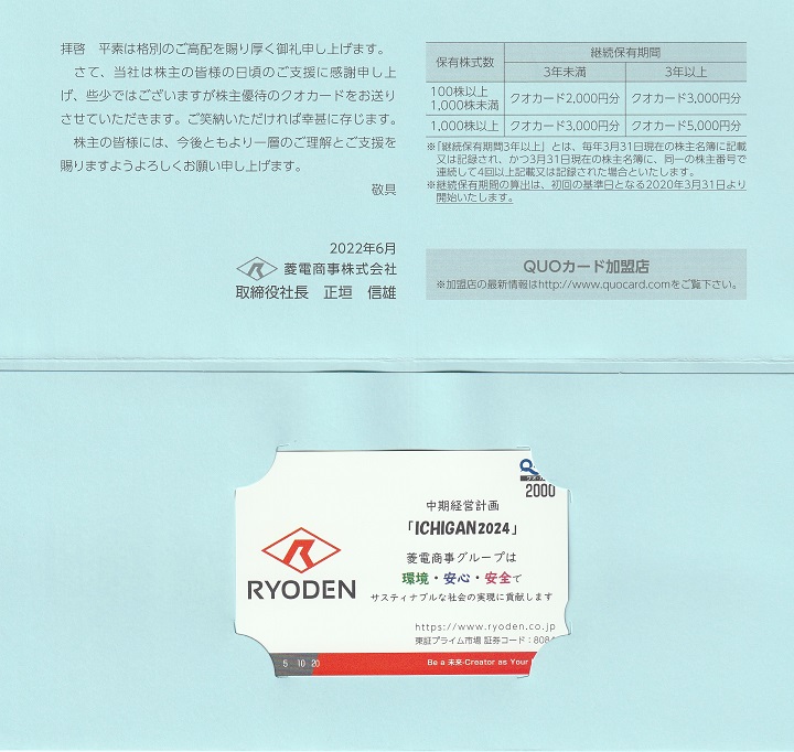 【3月優待】菱電商事株式会社からQUOカードが到着しました